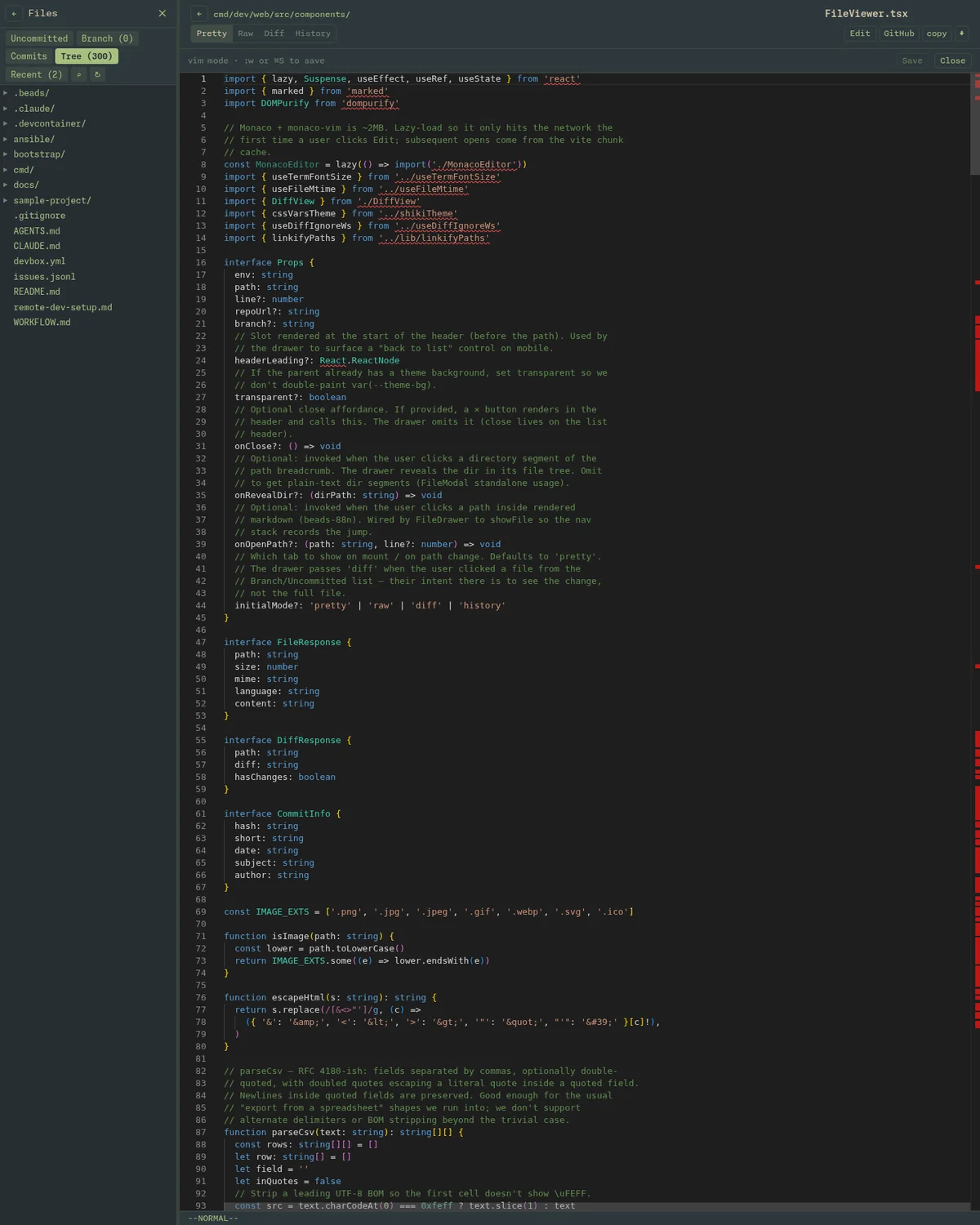 Monaco editor open on a TypeScript file with Everforest syntax highlighting